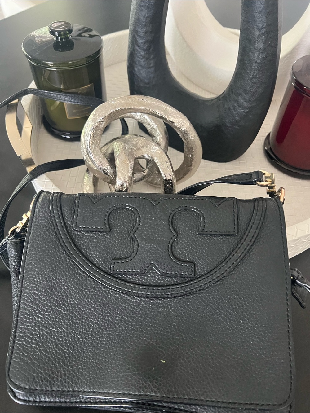 Tory Burch Black Pebbled Leather Crossbody with Signature Logo Flap